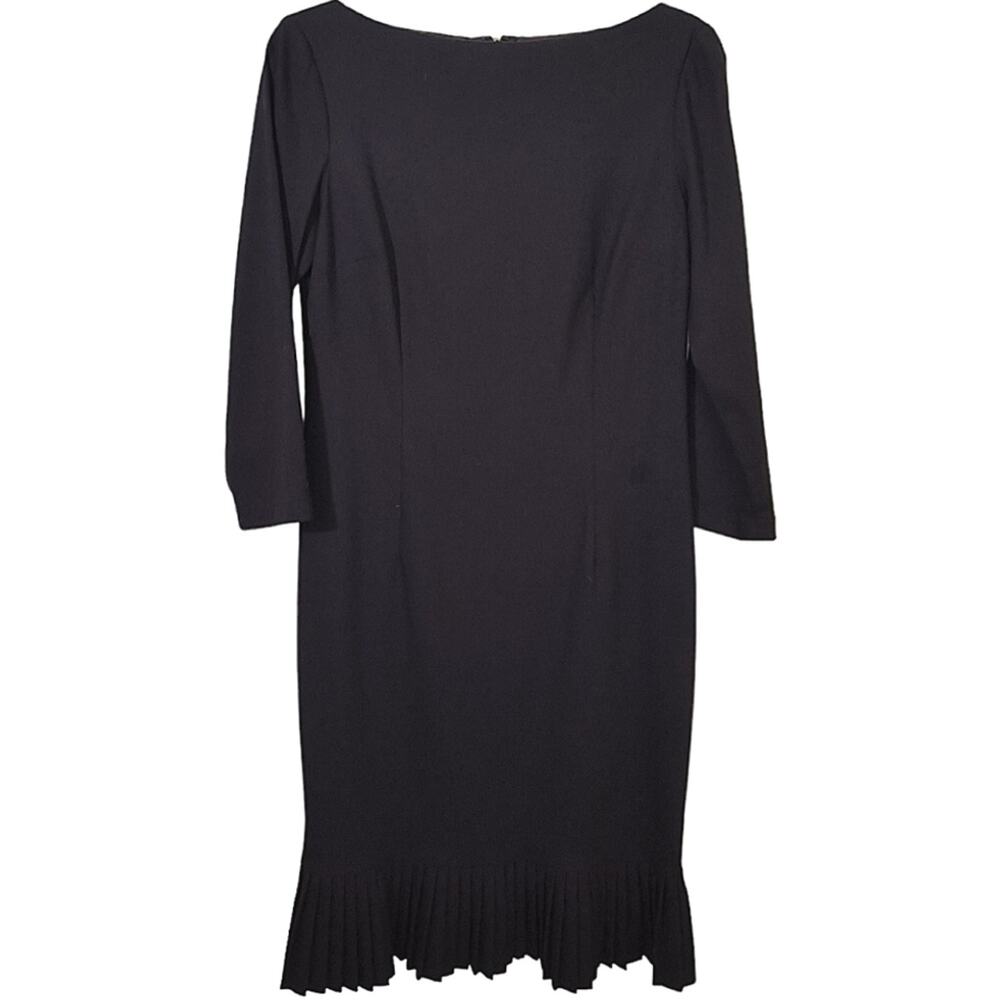 Finity 3/4 Sleeve Dress Women's Size 6 Black Boatneck Pleated Peplum Hem Sheath